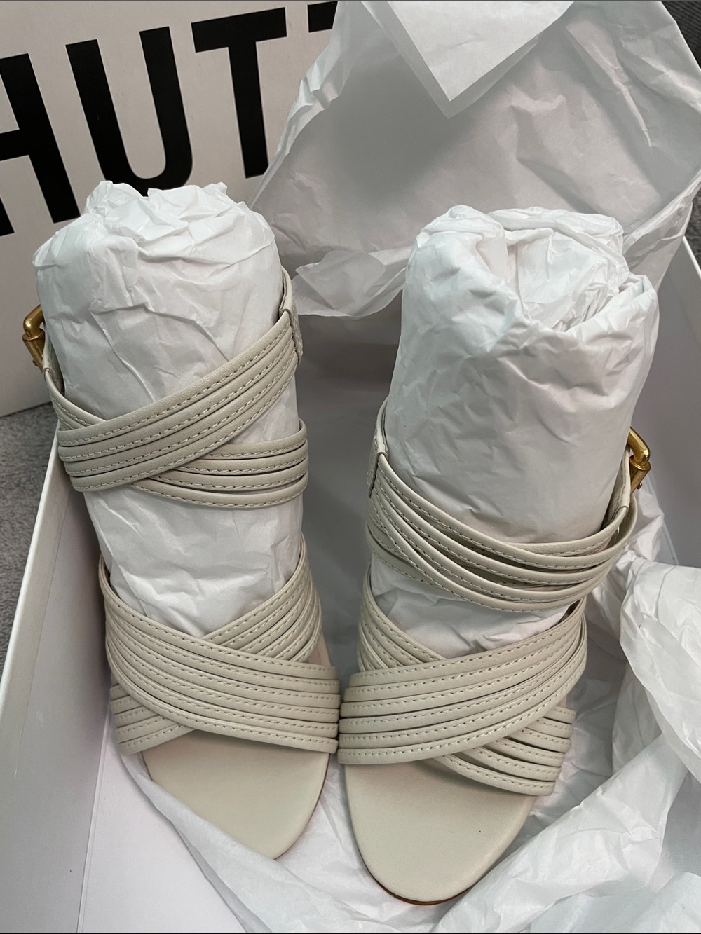 SCHUTZ Ivory Leather Strappy High Heel Sandals with Buckle - Picture 4 of 9